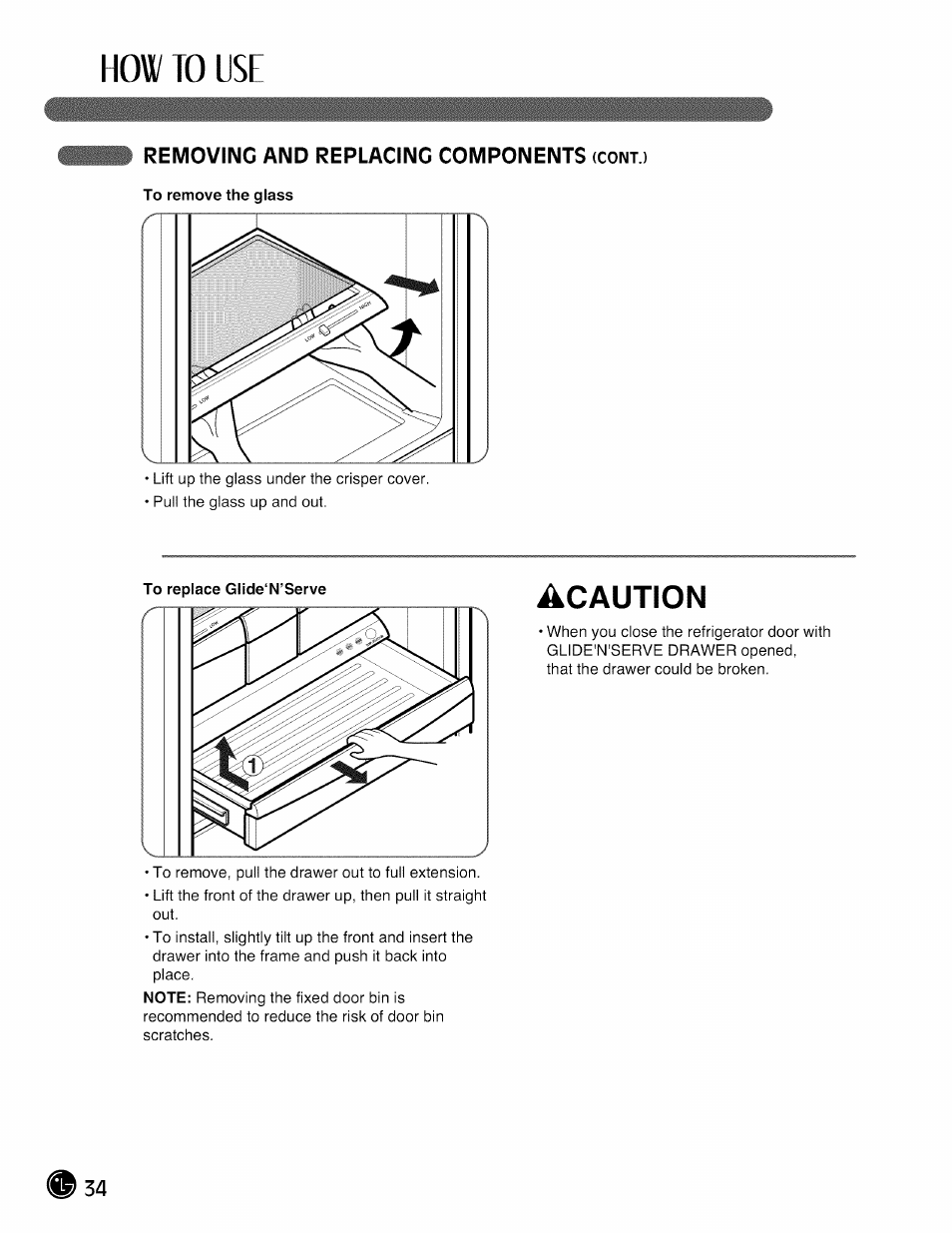 Removing and replacing components (cont.), How to use, Acaution | Removing and replacing components | LG LMX28988 User Manual | Page 34 / 51