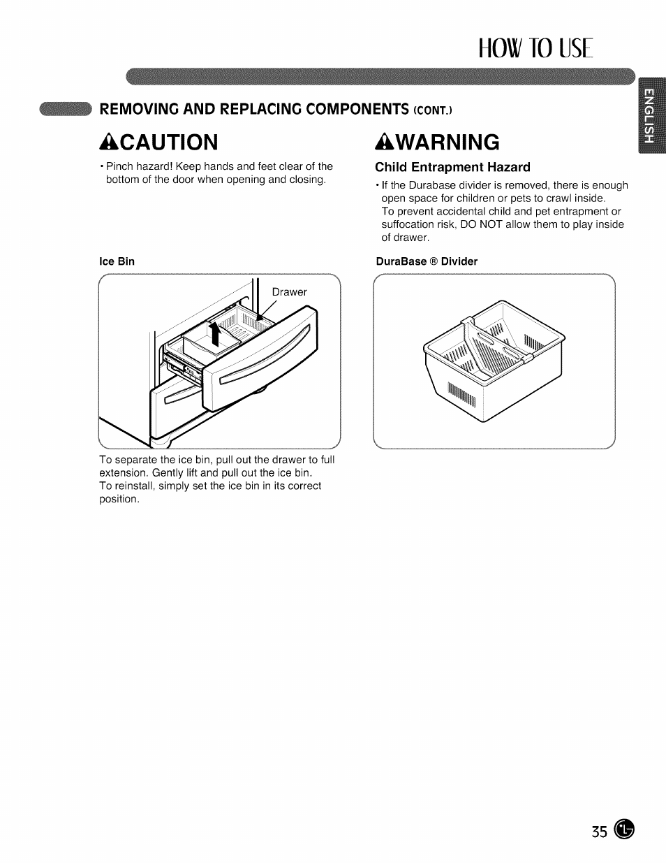 Removing and replacing components (cont.), Child entrapment hazard, How to use | Acaution awarning | LG LMX28988 User Manual | Page 35 / 51