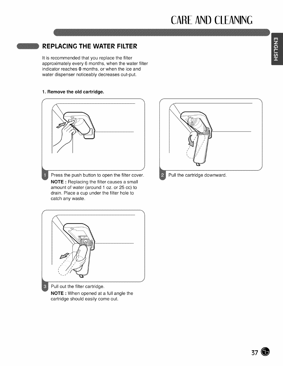 Replacing the water filter, Care and cleaning | LG LMX28988 User Manual | Page 37 / 51