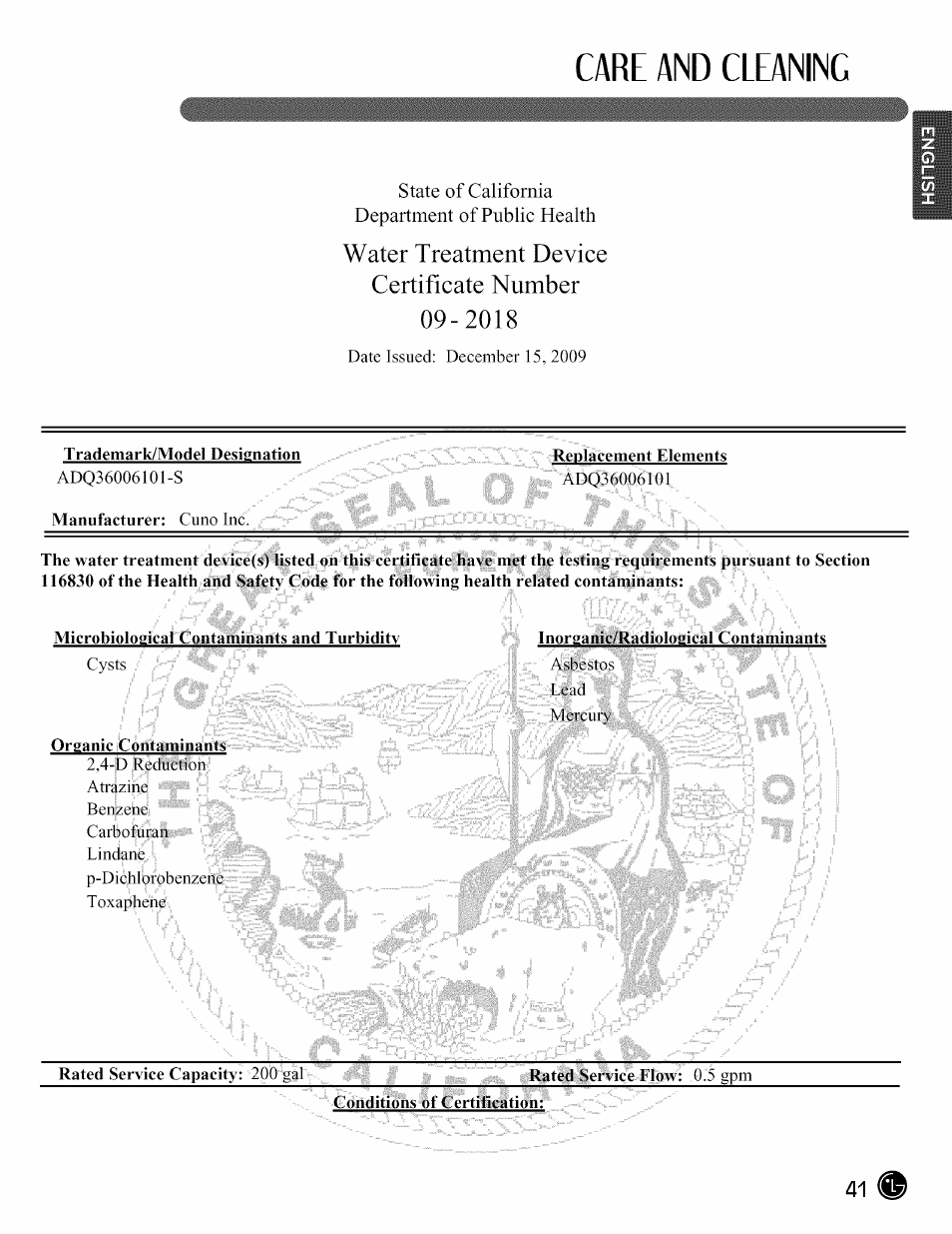 Care and cleaning, State of california department of public efealth | LG LMX28988 User Manual | Page 41 / 51