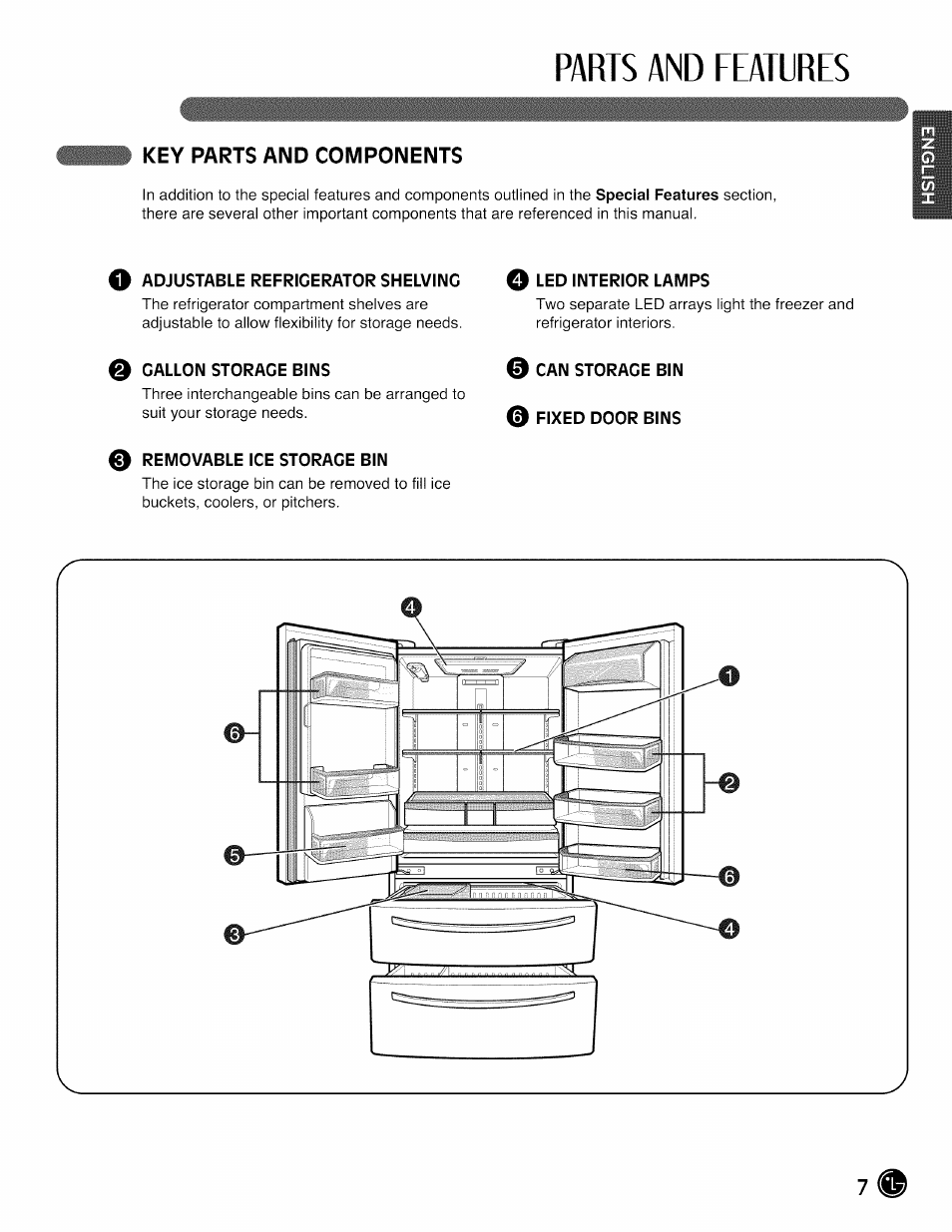 Key parts and components, O adjustable refrigerator shelving, 0 gallon storage bins | 0 removable ice storage bin, O led interior lamps, 0 can storage bin, 0 fixed door bins, Parts and features | LG LMX28988 User Manual | Page 7 / 51