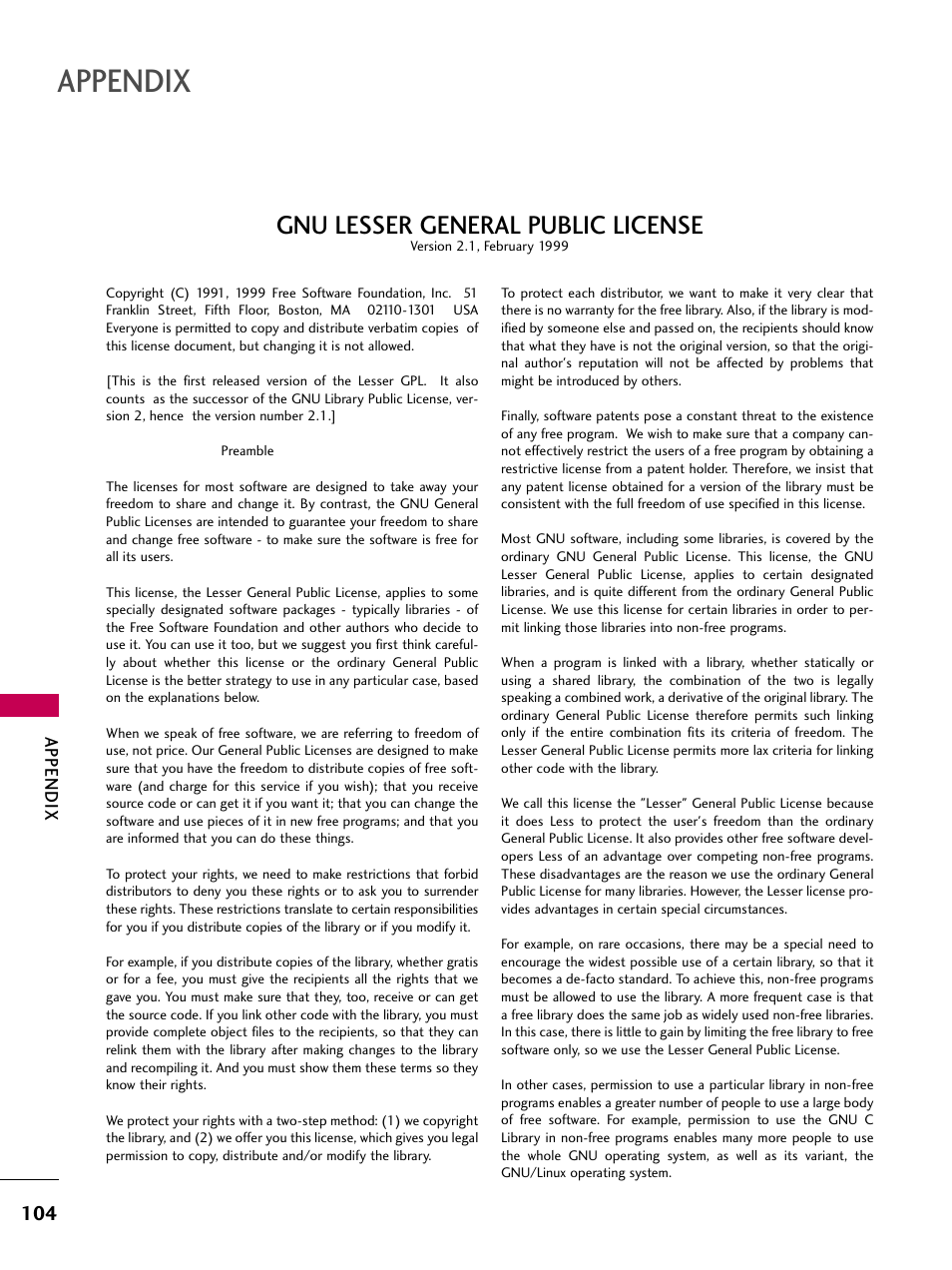 Appendix, Gnu lesser general public license | LG 2230DC User Manual | Page 106 / 116