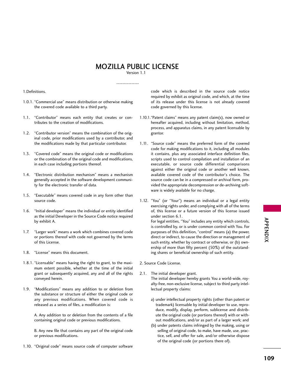 Mozilla public license, Appendix | LG 2230DC User Manual | Page 111 / 116