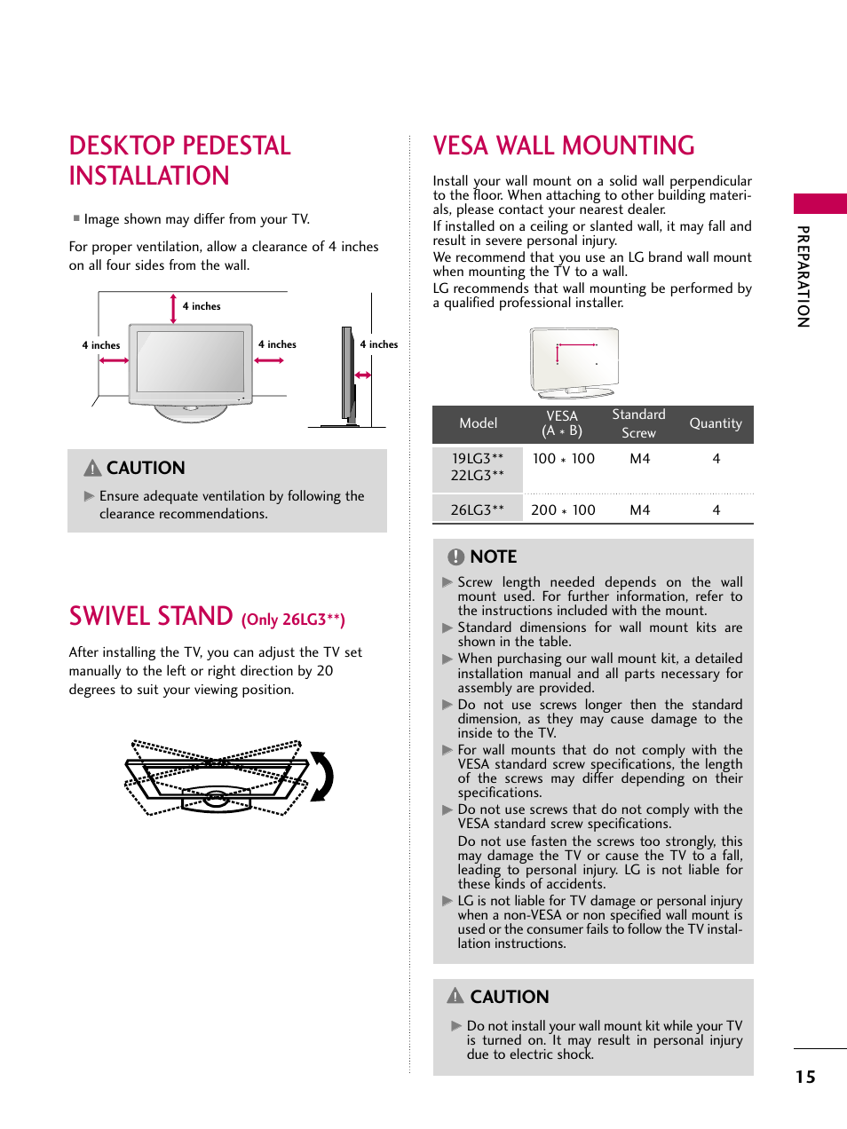 Desktop pedestalinstallation, Swivel stand (only 26lg3**), Vesa wall mounting | Desktop pedestal installation, Swivel stand, Caution | LG 2230DC User Manual | Page 17 / 116