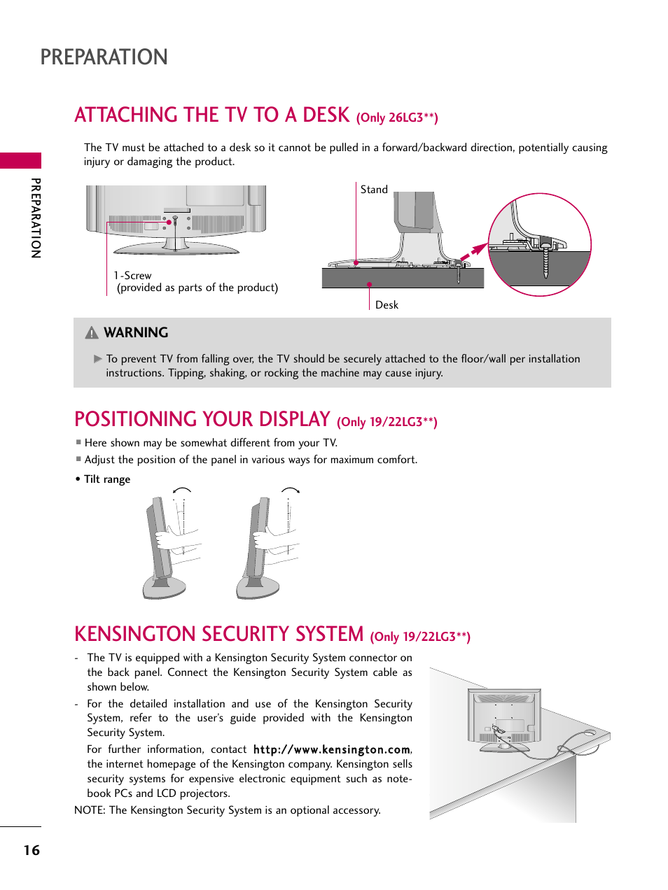 Attaching the tv to a desk (only 26lg3**), Positioning your display (only 19/22lg3**), Kensington security system (only 19/22lg3**) | Preparation, Attaching the tv to a desk, Positioning your display, Kensington security system, Warning | LG 2230DC User Manual | Page 18 / 116