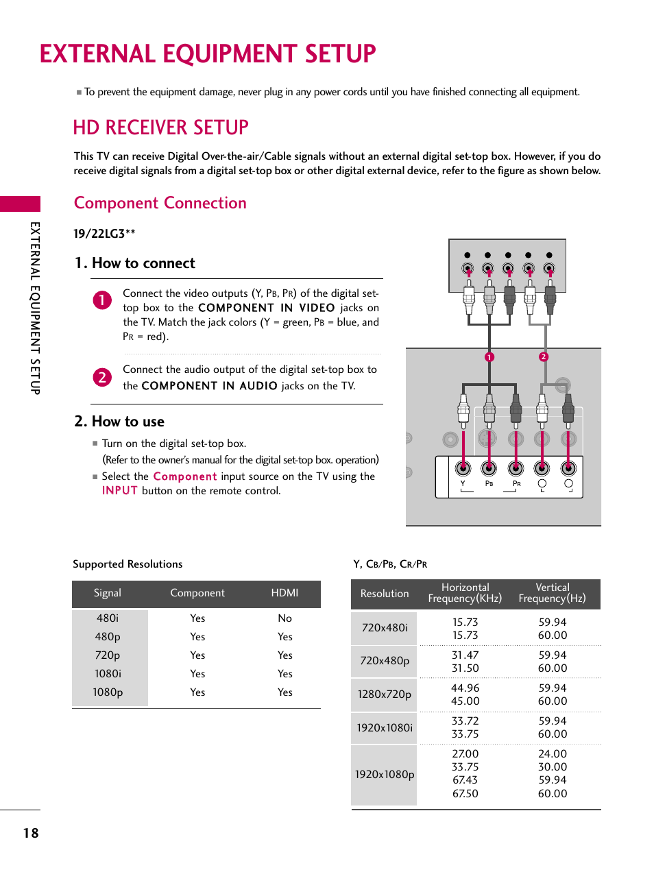 External equipment setup, Hd receiver setup, Component connection | How to connect, How to use, External eq uipment setup | LG 2230DC User Manual | Page 20 / 116
