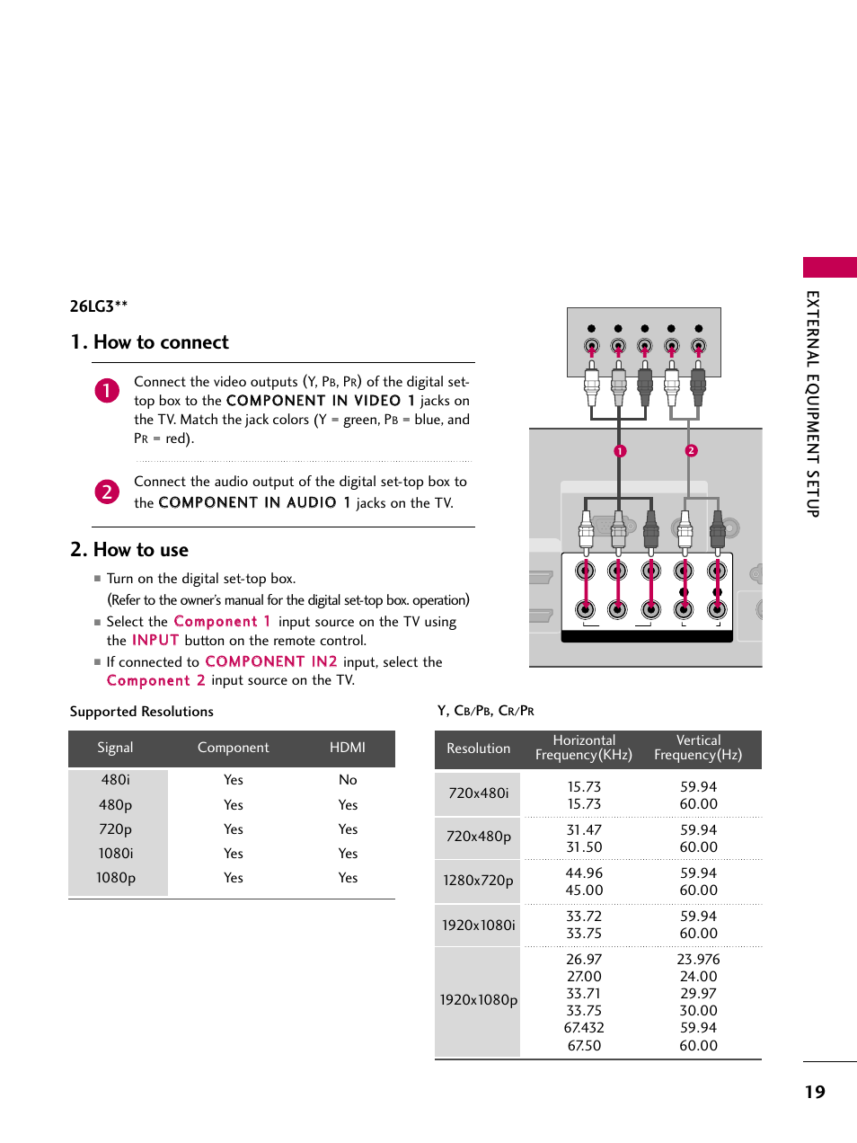 How to connect, How to use, External eq uipment setup | 26lg3 | LG 2230DC User Manual | Page 21 / 116