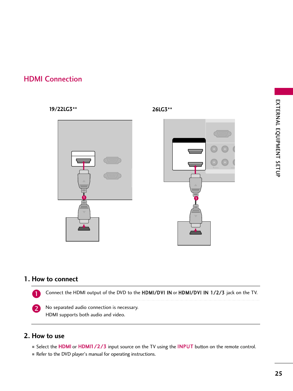 Hdmi connection, How to connect 2. how to use, External eq uipment setup | 26lg3 | LG 2230DC User Manual | Page 27 / 116