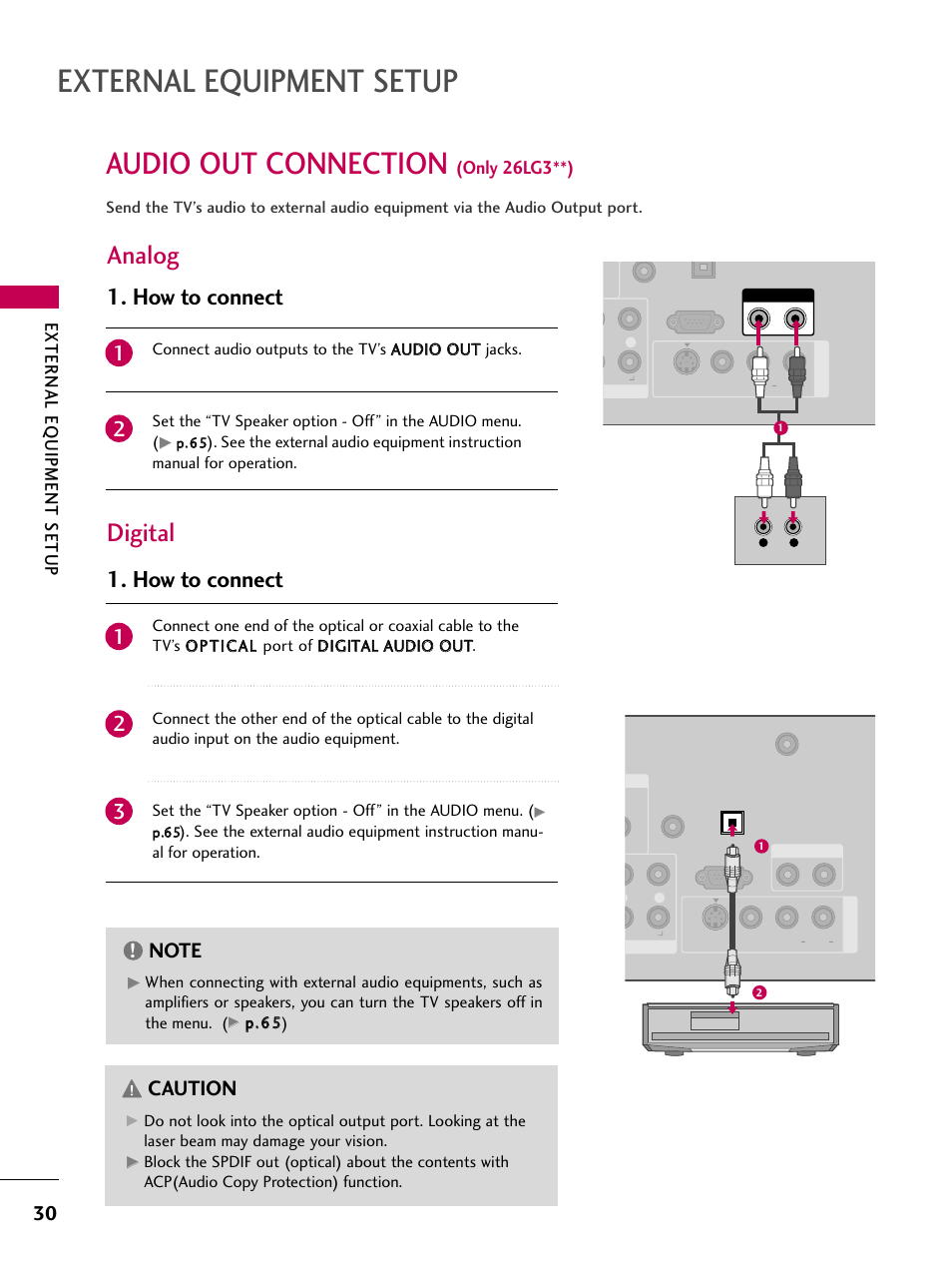 Audio out connection (only 26lg3**), External equipment setup, Audio out connection | Analog digital, How to connect, Caution, External eq uipment setup, Only 26lg3**) | LG 2230DC User Manual | Page 32 / 116