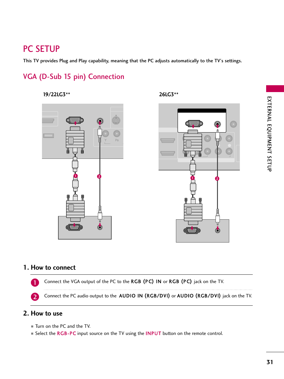 Pc setup, Vga (d-sub 15 pin) connection, How to connect 2. how to use | External eq uipment setup | LG 2230DC User Manual | Page 33 / 116