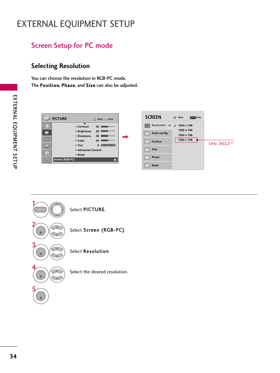 Screen setup for pc mode, External equipment setup, Selecting resolution | External eq uipment setup | LG 2230DC User Manual | Page 36 / 116