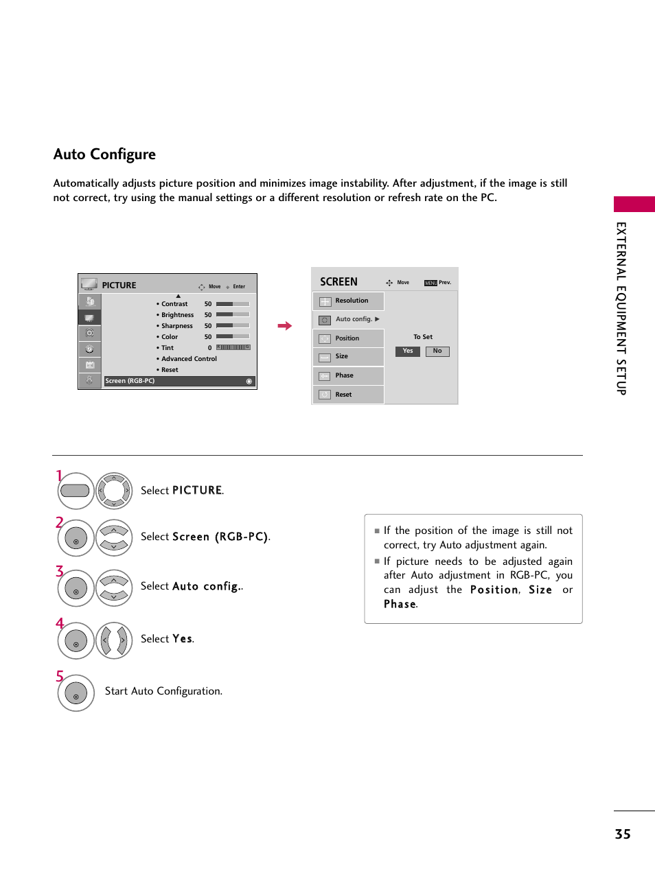 Auto configure, External eq uipment setup | LG 2230DC User Manual | Page 37 / 116
