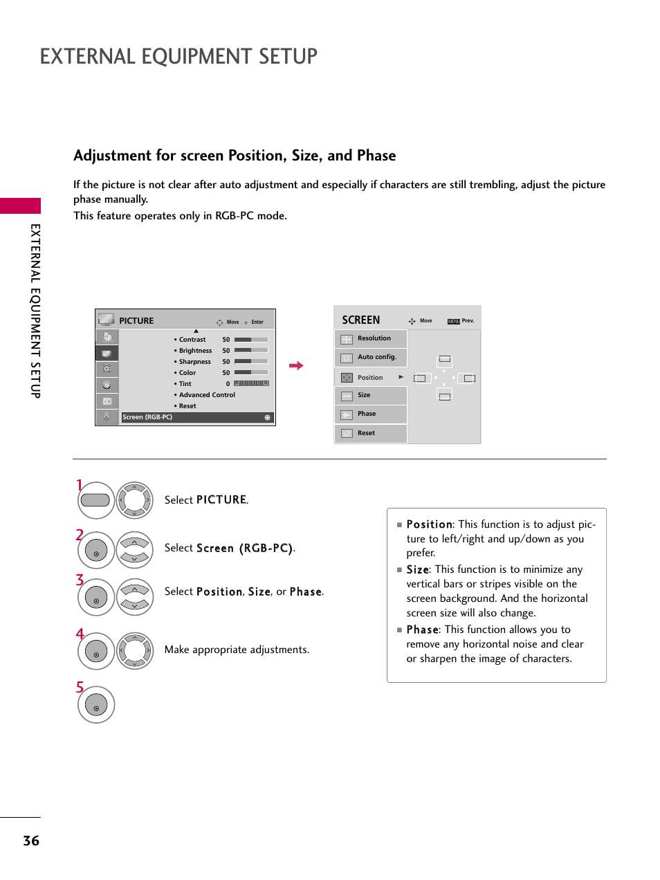 External equipment setup, Adjustment for screen position, size, and phase, External eq uipment setup | LG 2230DC User Manual | Page 38 / 116