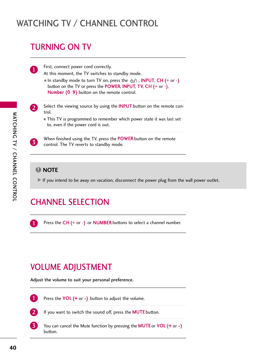 Turning on tv, Channel selection, Volume adjustment | Watching tv / channel control, Volume adjustment channel selection | LG 2230DC User Manual | Page 42 / 116