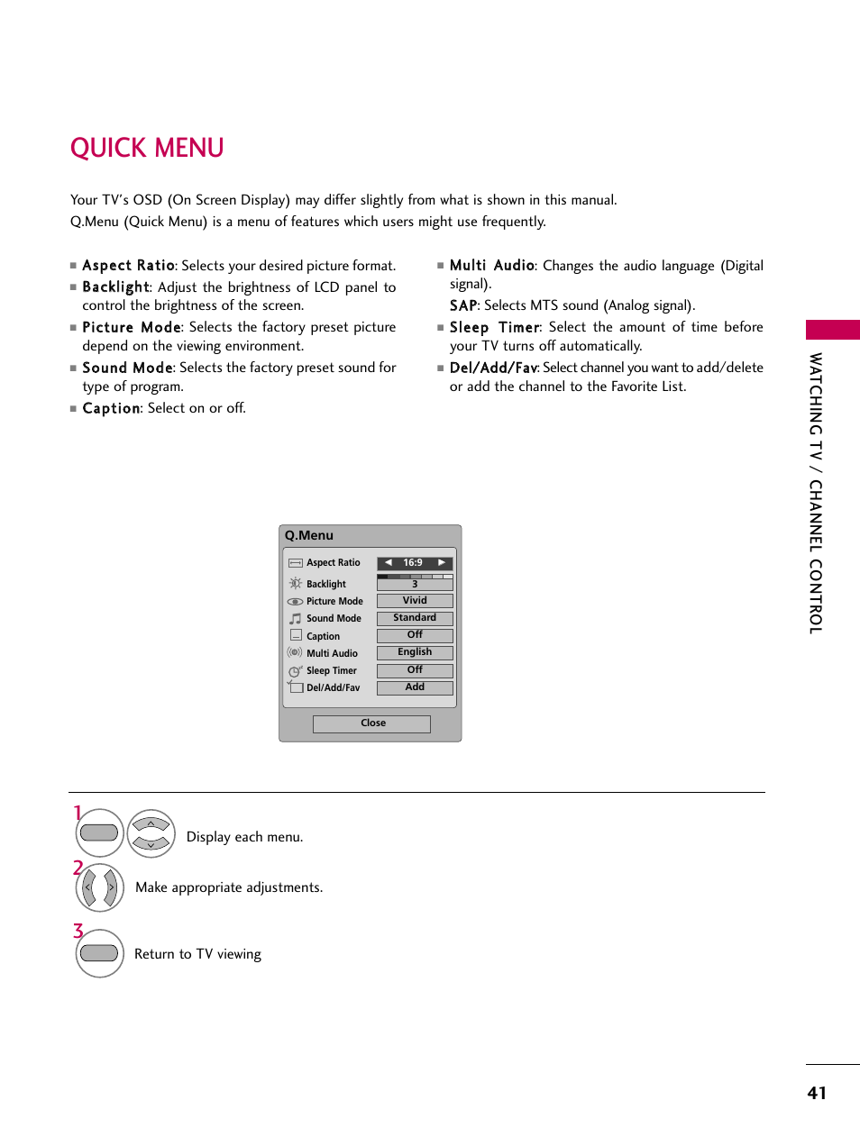 Quick menu, Watching tv / channel contr ol | LG 2230DC User Manual | Page 43 / 116