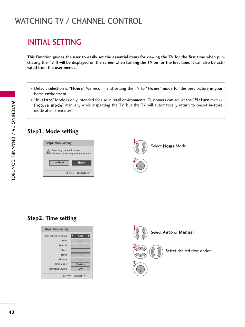 Initial setting, Watching tv / channel control, Step1. mode setting step2. time setting | Watching tv / channel contr ol | LG 2230DC User Manual | Page 44 / 116