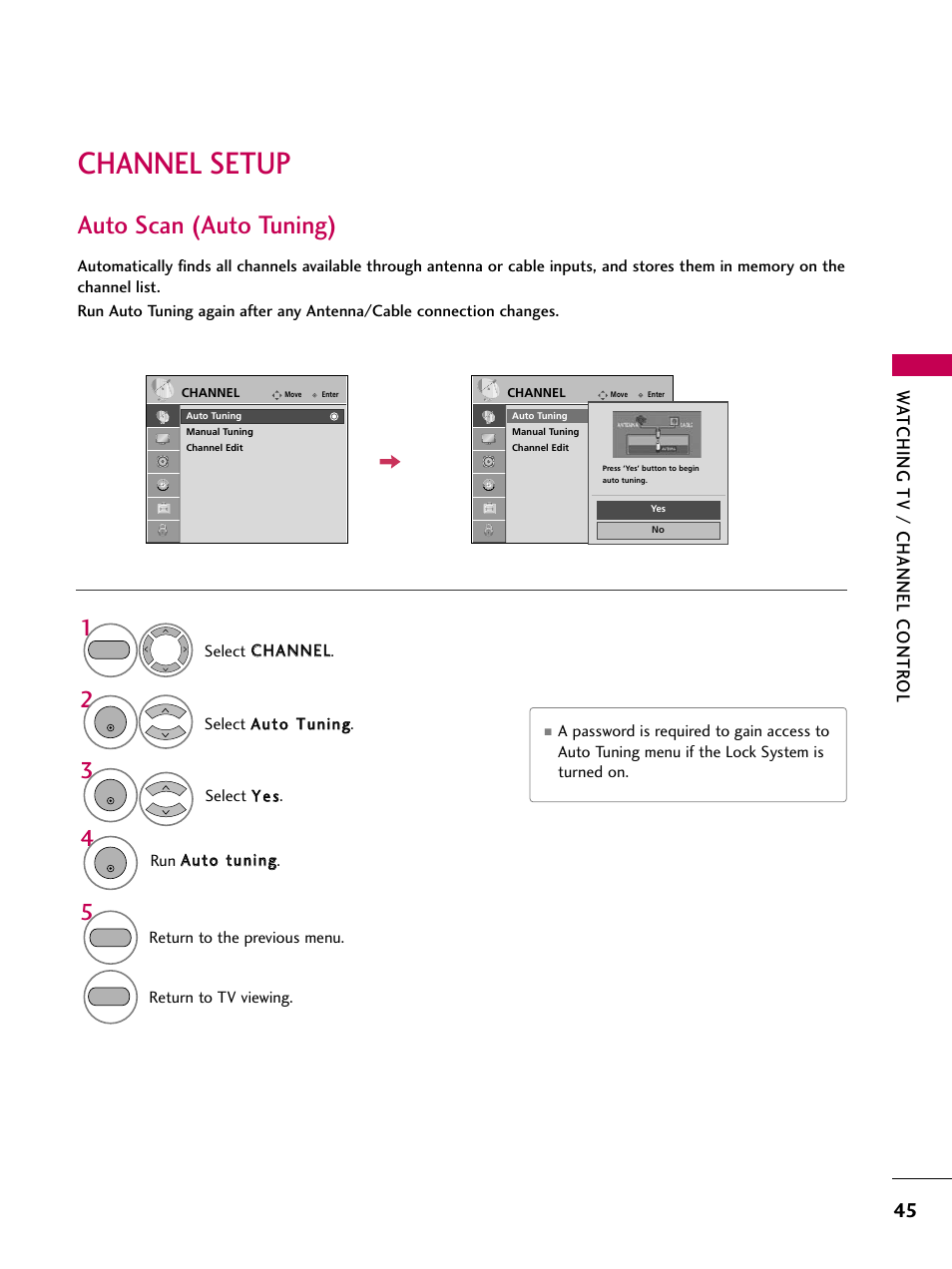 Channel setup, Auto scan (auto tuning), Watching tv / channel contr ol | LG 2230DC User Manual | Page 47 / 116