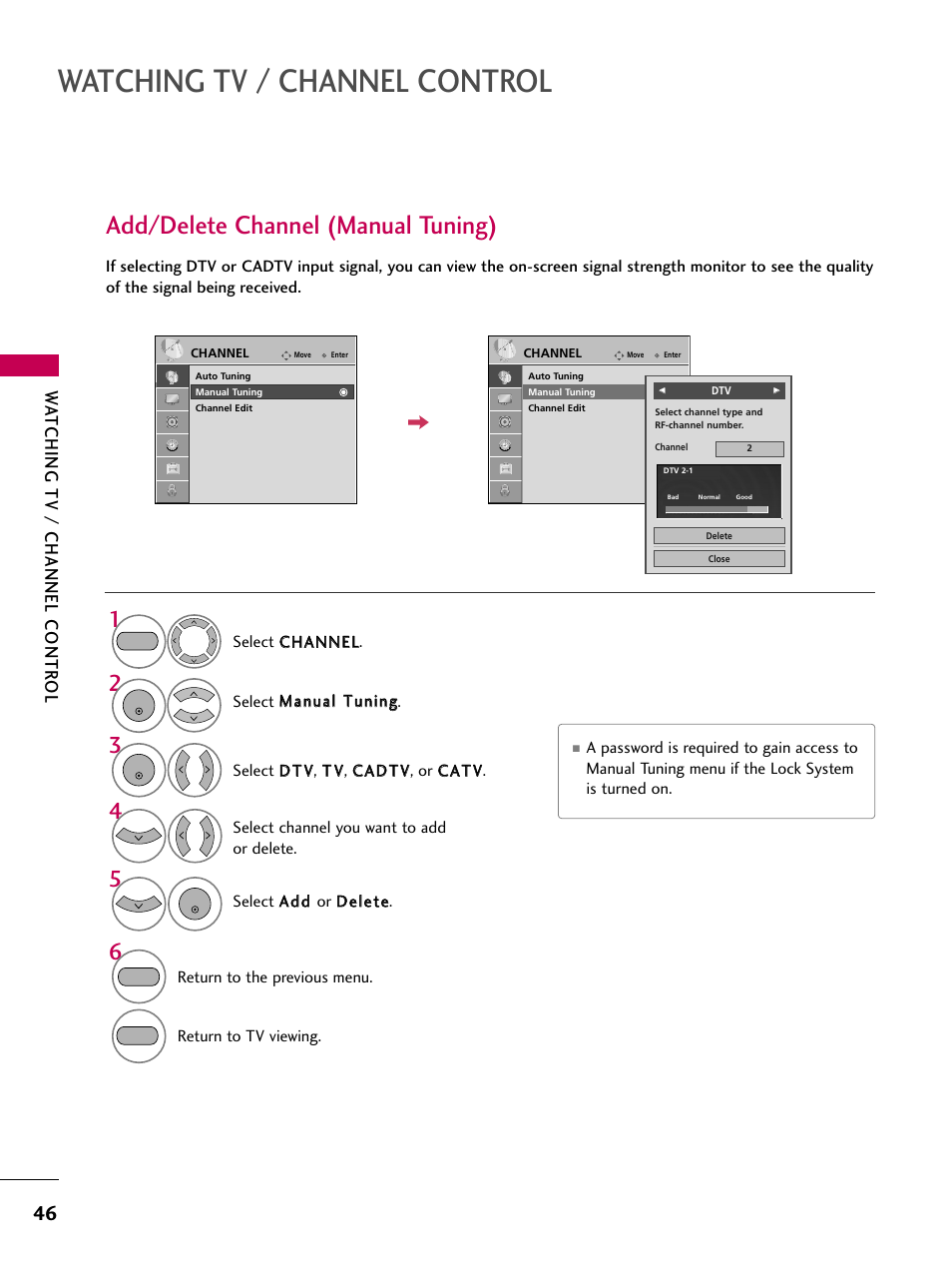 Add/delete channel (manual tuning), Watching tv / channel control, Watching tv / channel contr ol | LG 2230DC User Manual | Page 48 / 116