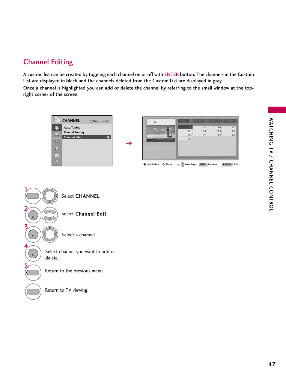 Channel editing, Watching tv / channel contr ol | LG 2230DC User Manual | Page 49 / 116