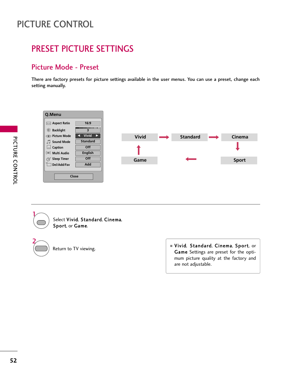 Preset picture settings, Picture mode - preset, Picture control | Picture contr ol | LG 2230DC User Manual | Page 54 / 116