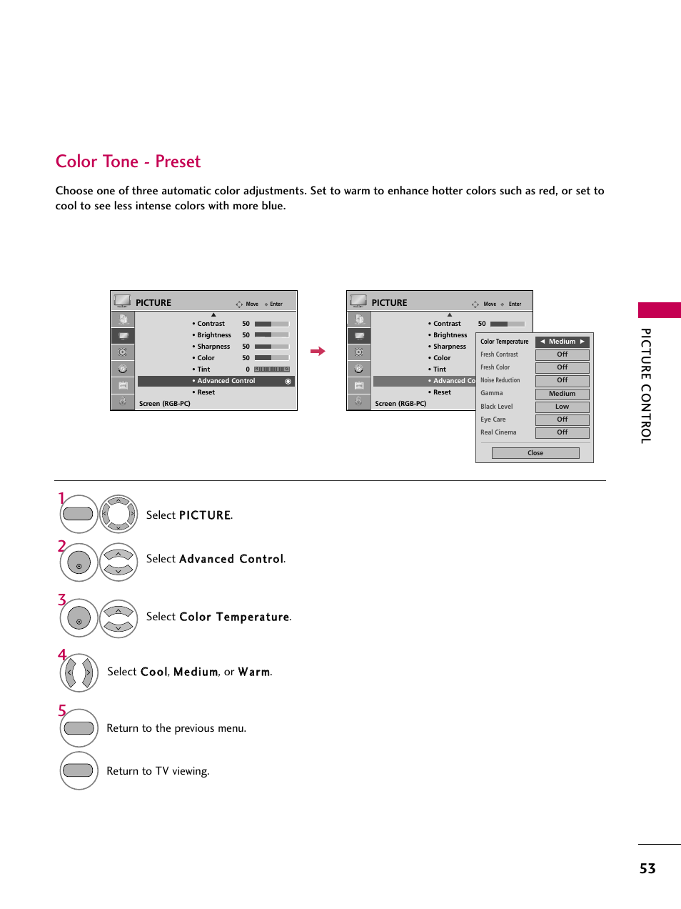 Color tone - preset, Picture contr ol, Select c co oo oll, m meed diiuum m, or w waarrm m | Select a ad dvvaanncceed d c co onnttrro oll, Return to the previous menu, Return to tv viewing | LG 2230DC User Manual | Page 55 / 116
