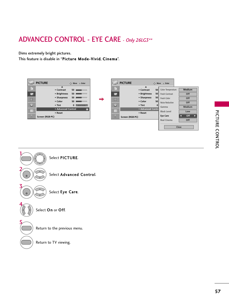Advanced control - eye care - only 26lg3, Advanced control - eye care, Only 26lg3 | Picture contr ol, Select o o nn or o o ff ff, Return to the previous menu, Return to tv viewing | LG 2230DC User Manual | Page 59 / 116