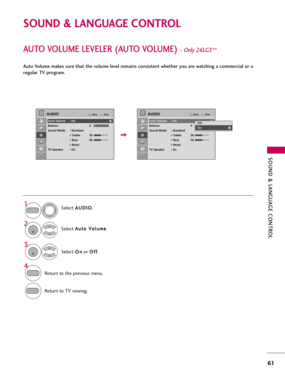 Sound & language control, Auto volume leveler (auto volume) - only 26lg3, Auto volume leveler (auto volume) | Only 26lg3, Sound & langu a ge contr ol | LG 2230DC User Manual | Page 63 / 116