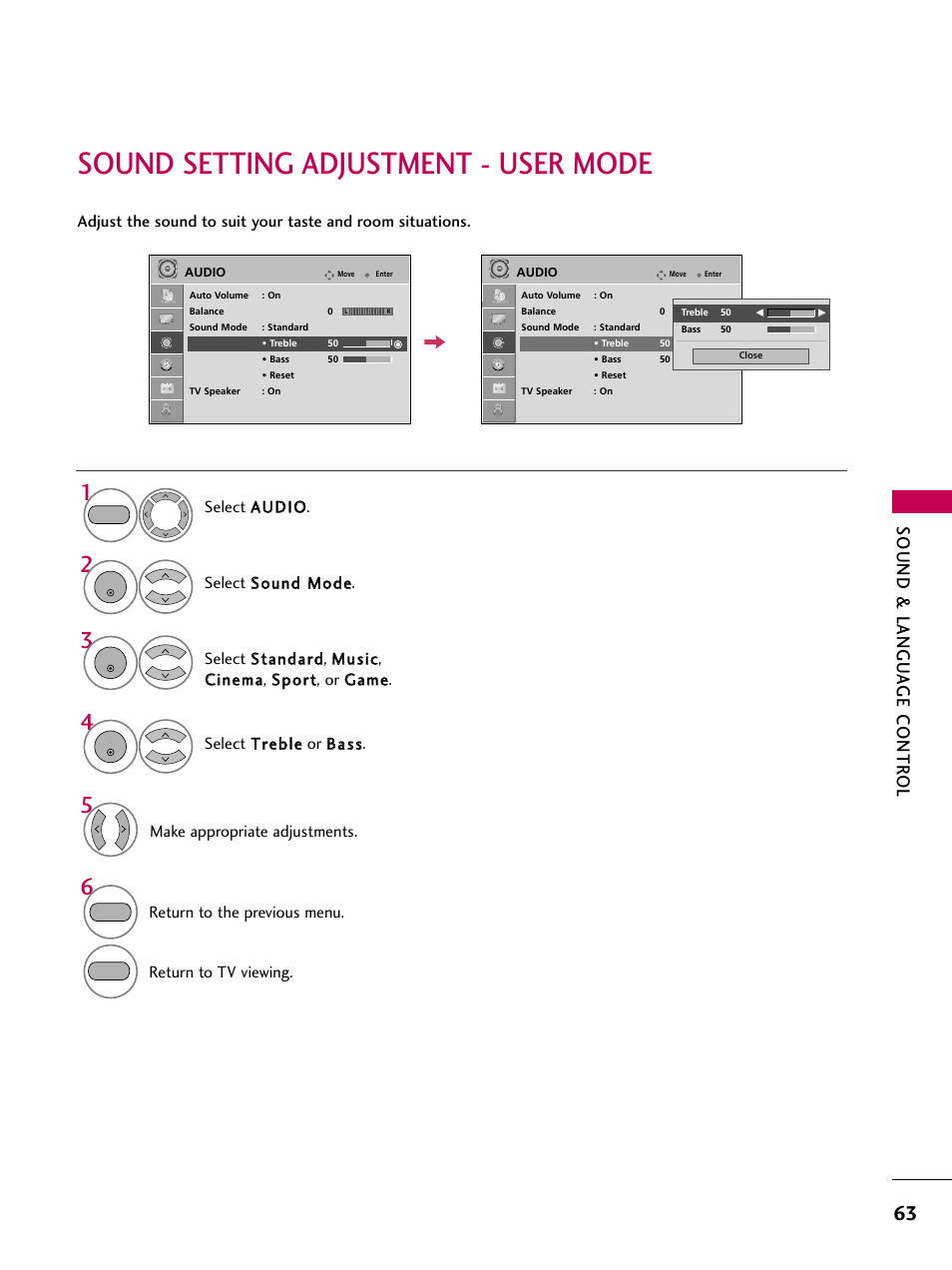Sound setting adjustment - user mode, Sound & langu a ge contr ol | LG 2230DC User Manual | Page 65 / 116