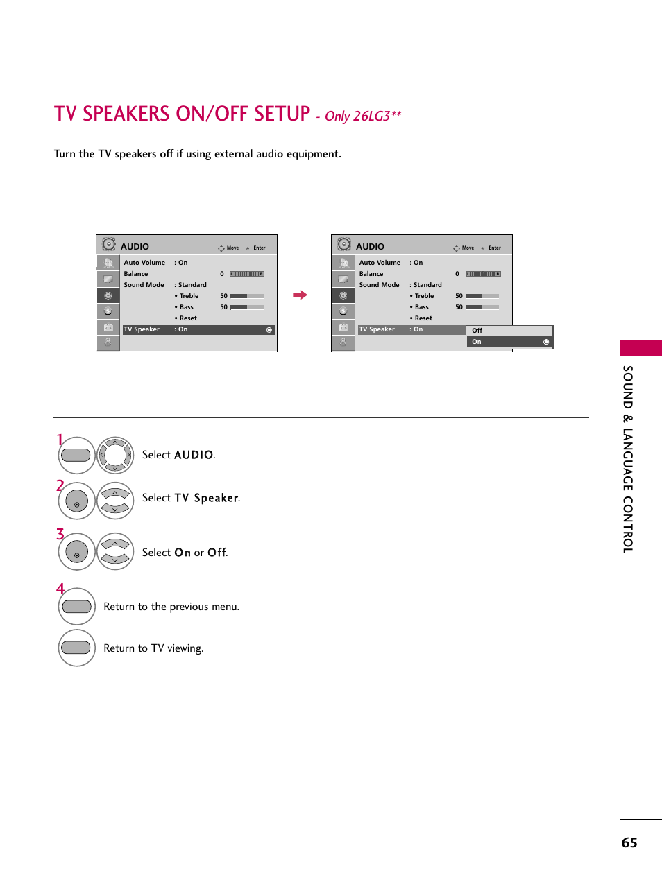 Tv speakers on/off setup - only 26lg3, Tv speakers on/off setup, Only 26lg3 | Sound & langu a ge contr ol | LG 2230DC User Manual | Page 67 / 116
