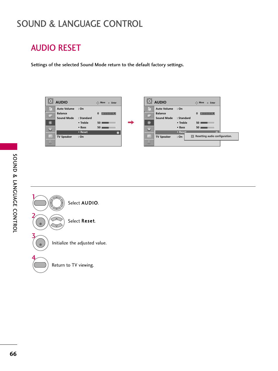 Audio reset, Sound & language control, Sound & langu a ge contr ol | LG 2230DC User Manual | Page 68 / 116