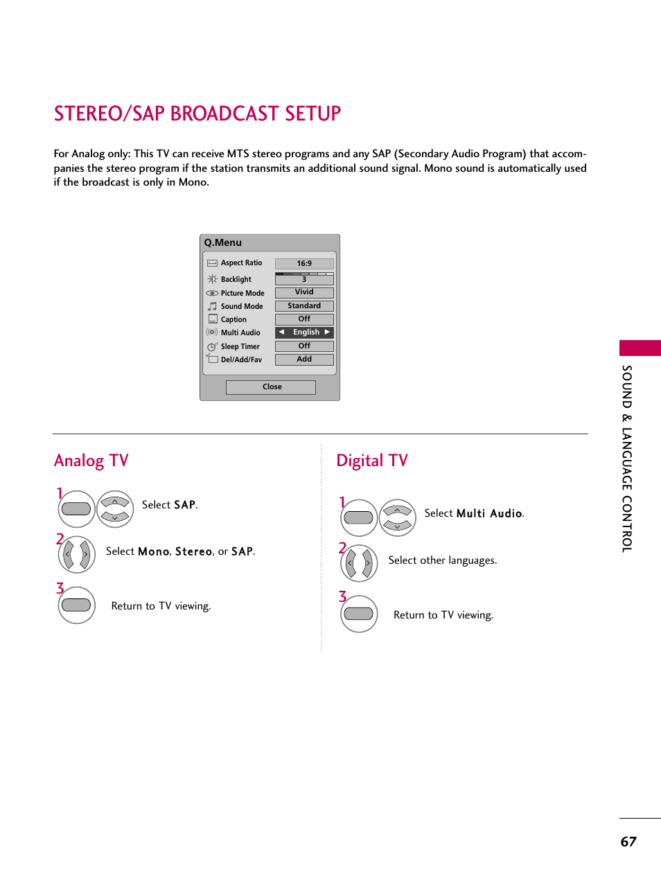 Stereo/sap broadcast setup, Analog tv digital tv, Sound & langu a ge contr ol | LG 2230DC User Manual | Page 69 / 116