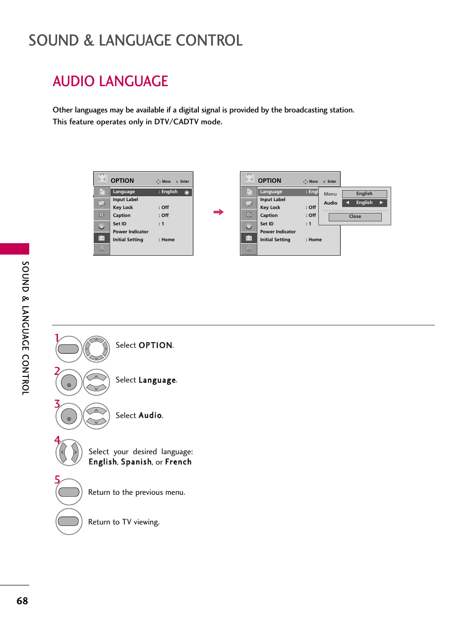 Audio language, Sound & language control, Sound & langu a ge contr ol | LG 2230DC User Manual | Page 70 / 116