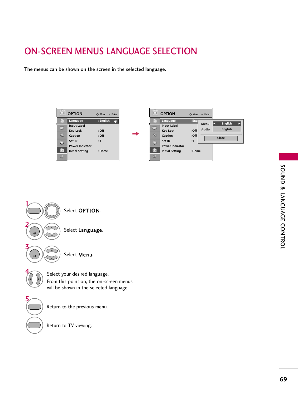 On-screen menus language selection, Sound & langu a ge contr ol, Return to the previous menu | Return to tv viewing | LG 2230DC User Manual | Page 71 / 116