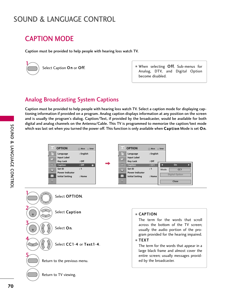 Caption mode, Analog broadcasting system captions, Sound & language control | Sound & langu a ge contr ol | LG 2230DC User Manual | Page 72 / 116