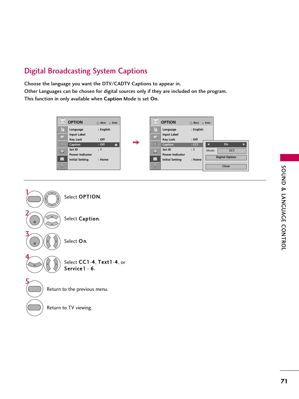 Digital broadcasting system captions, Sound & langu a ge contr ol | LG 2230DC User Manual | Page 73 / 116