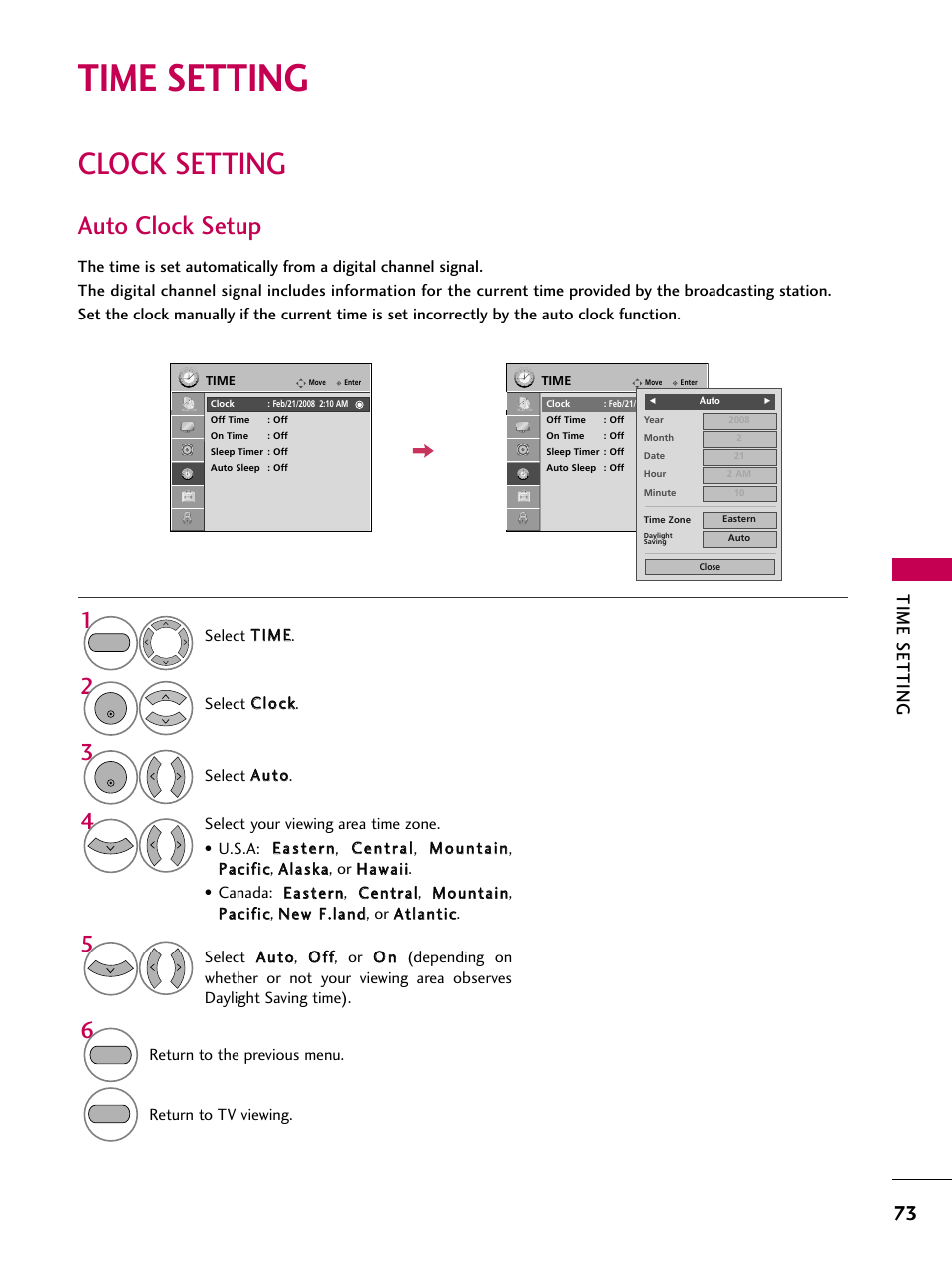 Time setting, Clock setting, Auto clock setup | LG 2230DC User Manual | Page 75 / 116