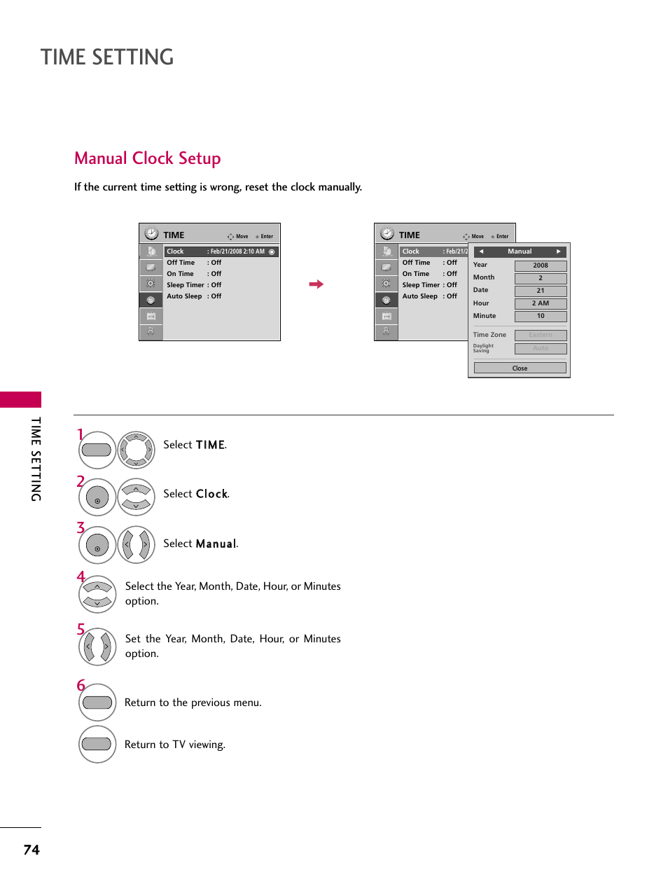 Manual clock setup, Time setting, Set the year, month, date, hour, or minutes option | Return to the previous menu, Return to tv viewing | LG 2230DC User Manual | Page 76 / 116