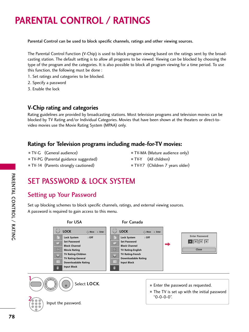Parental control / ratings, Set password & lock system, Setting up your password | V-chip rating and categories, Parent al contr ol / r ating | LG 2230DC User Manual | Page 80 / 116