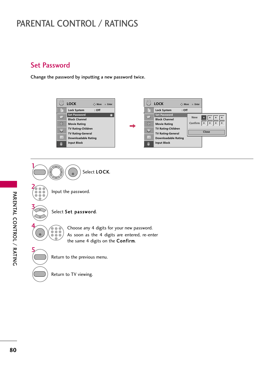 Set password, Parental control / ratings, Parent al contr ol / r ating | Select llo oc ck k, Input the password, Return to the previous menu, Return to tv viewing | LG 2230DC User Manual | Page 82 / 116