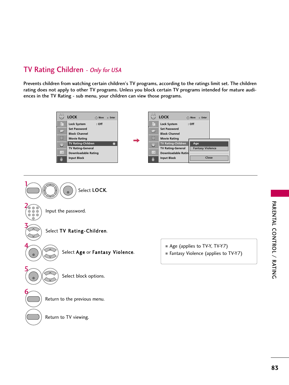 Tv rating children - only for usa, Tv rating children, Only for usa | Parent al contr ol / r ating | LG 2230DC User Manual | Page 85 / 116
