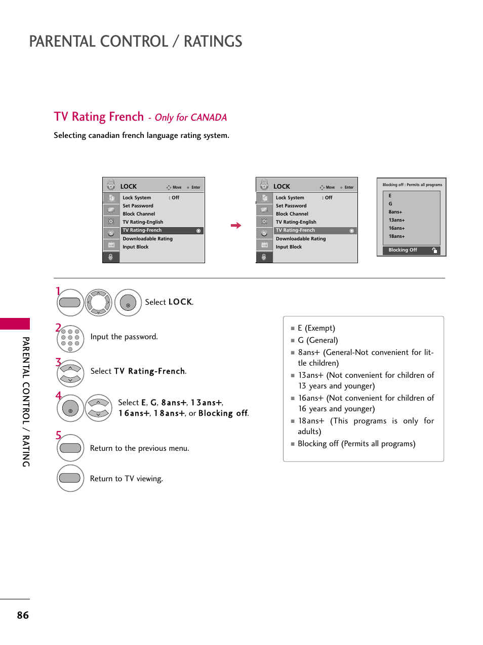 Tv rating french - only for canada, Parental control / ratings, Tv rating french | Only for canada, Parent al contr ol / r ating | LG 2230DC User Manual | Page 88 / 116