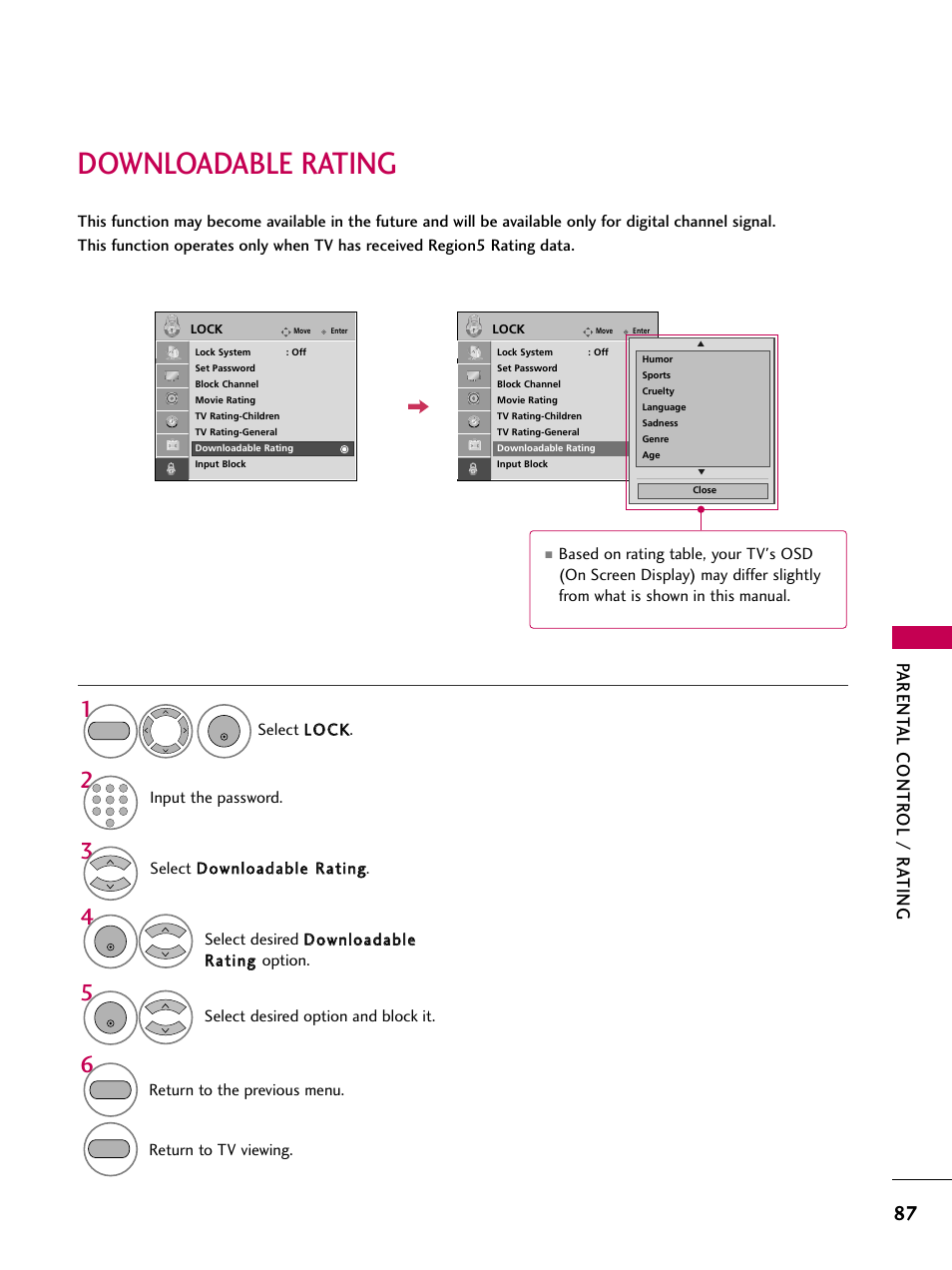 Downloadable rating, Parent al contr ol / r ating | LG 2230DC User Manual | Page 89 / 116