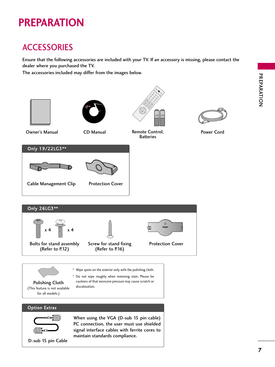 Preparation, Accessories, Prep ar ation | Cd manual o op pttiio onn eexxttrraass, Polishing cloth, Copyright© 2007 lge, all rights reserved | LG 2230DC User Manual | Page 9 / 116