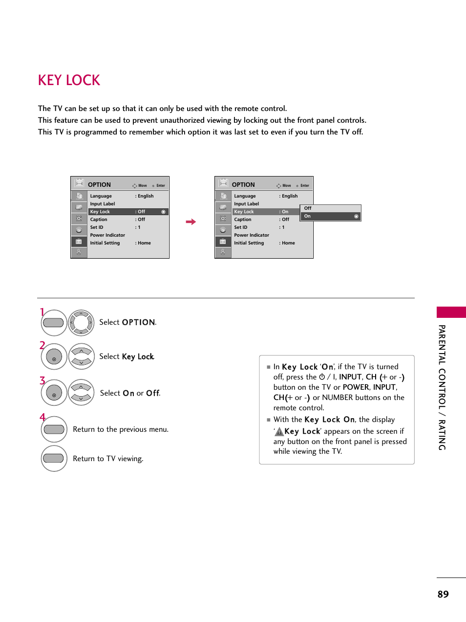 Key lock, Parent al contr ol / r ating | LG 2230DC User Manual | Page 91 / 116