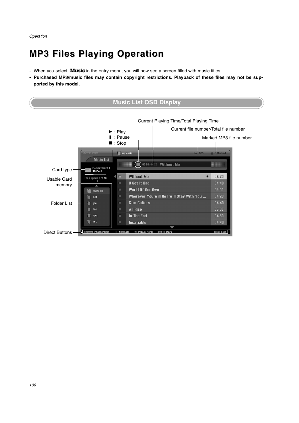 Mp3 files playing operation, Music list osd display | LG 26LX2D User Manual | Page 100 / 116