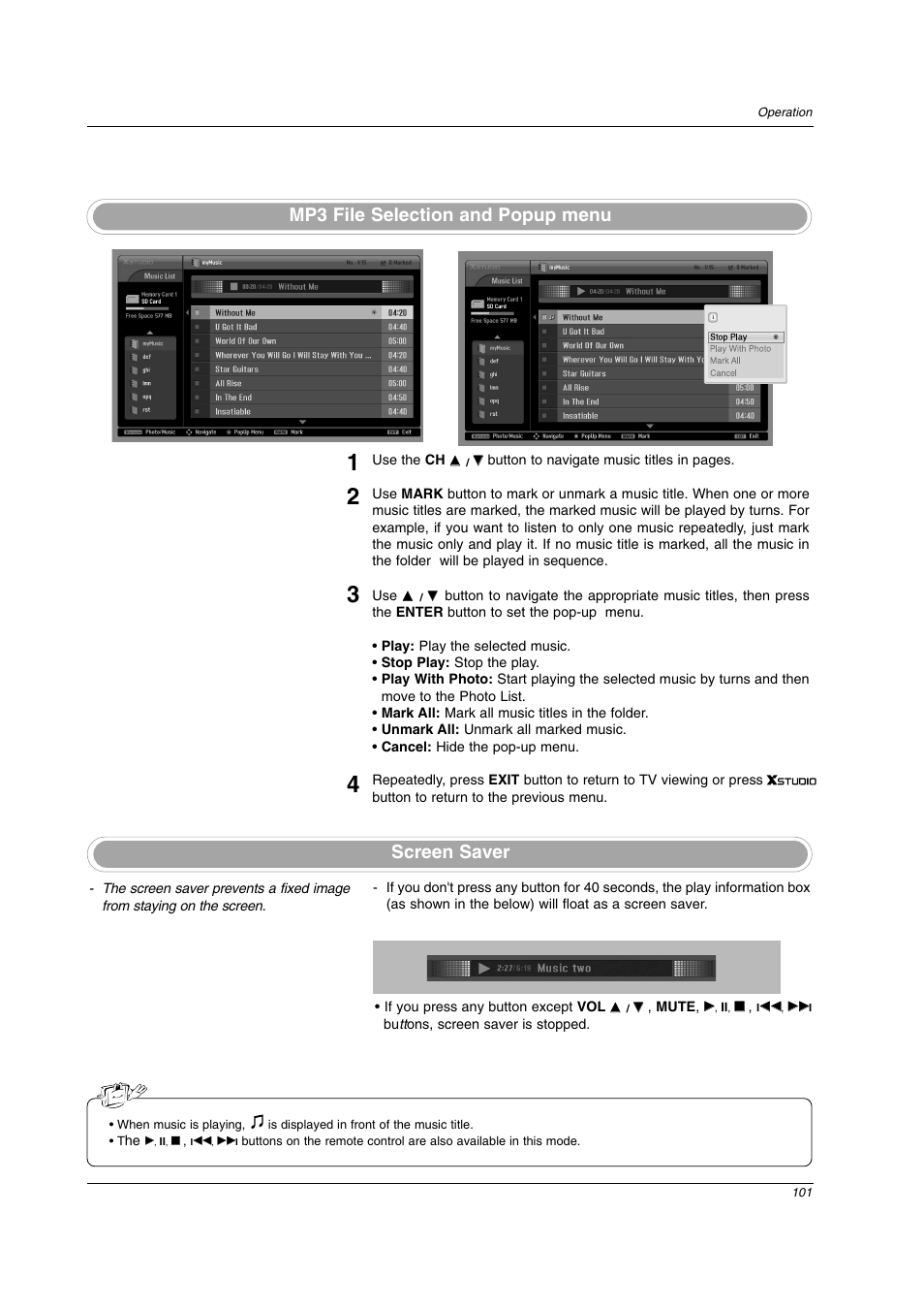 Screen saver, Mp3 file selection and popup menu | LG 26LX2D User Manual | Page 101 / 116
