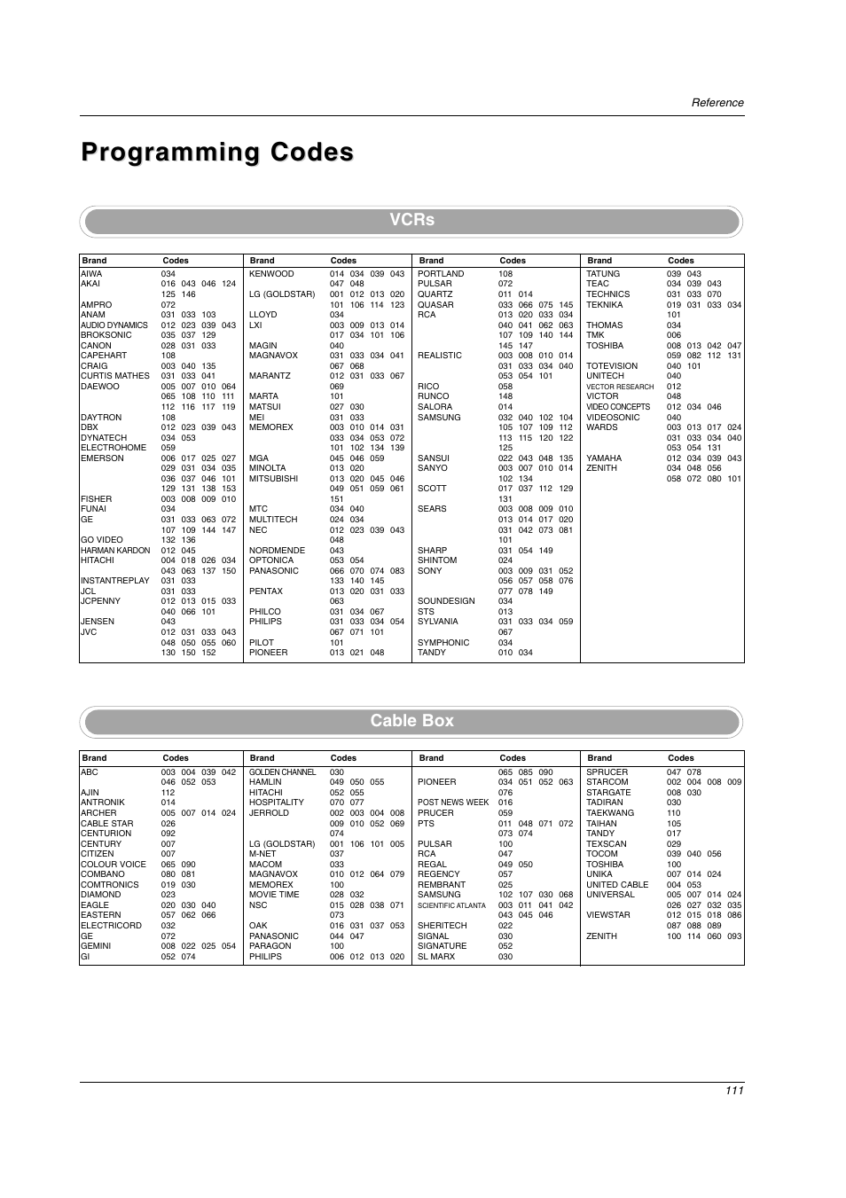 Programming codes, Vcrs cable box | LG 26LX2D User Manual | Page 111 / 116