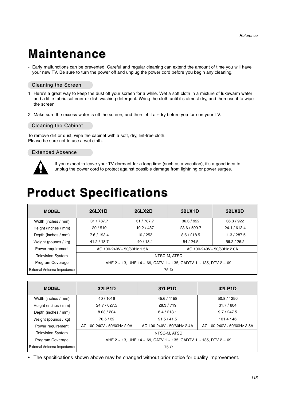 Maintenance | LG 26LX2D User Manual | Page 115 / 116