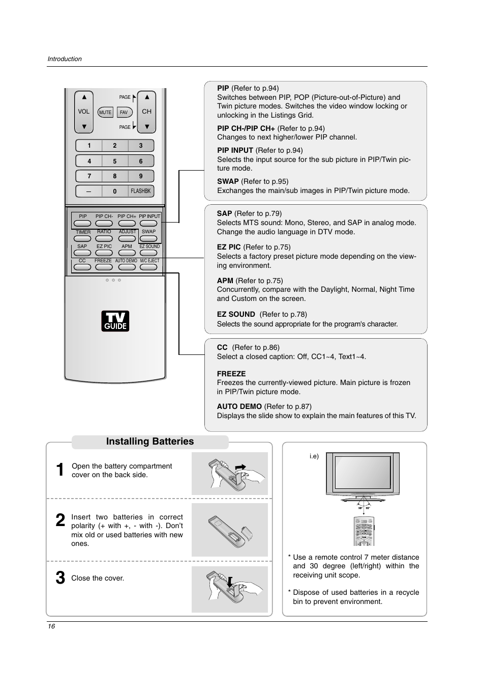 Installing batteries | LG 26LX2D User Manual | Page 16 / 116