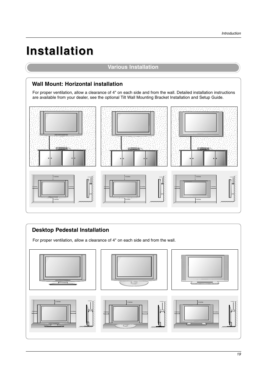 Installation, Various installation, 19 introduction | LG 26LX2D User Manual | Page 19 / 116